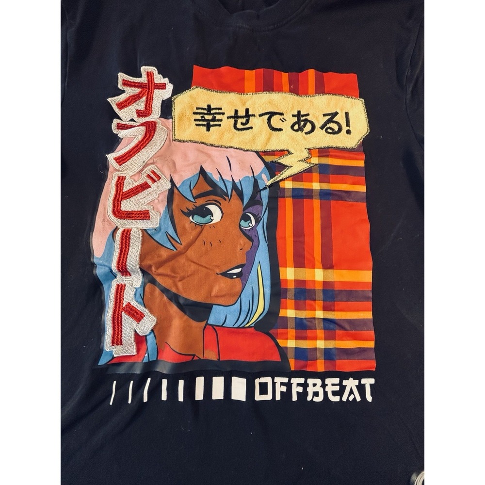 Offbeat Anime Graphic T Shirt Mens Medium Black Japanese Embroidered Streetwear